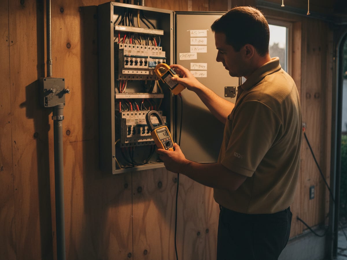 Electrician using a clamp meter to read the existing load on a kitchen circuit before adding a new outlet to confirm capacity
