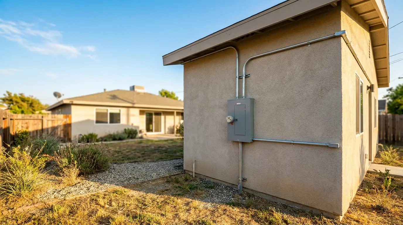 A detached backyard ADU in San Diego with an electrical subpanel and conduit running along the exterior wall back toward the main house