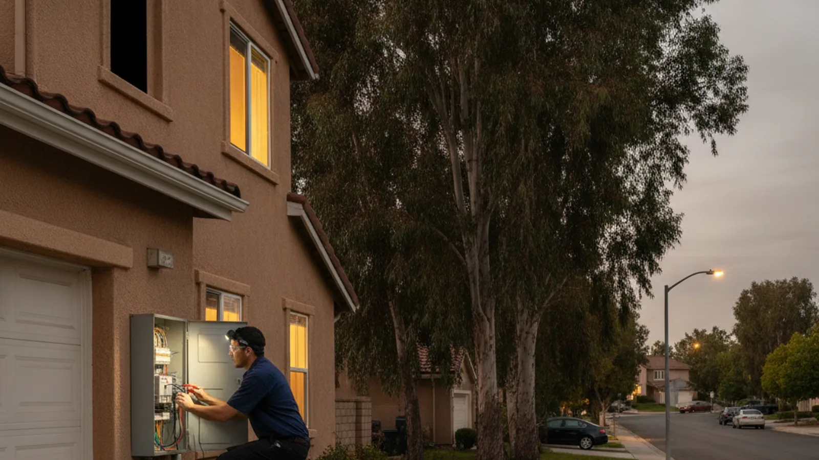Illustrated scene of a worker using test leads at an open exterior electrical panel beside a house at dusk