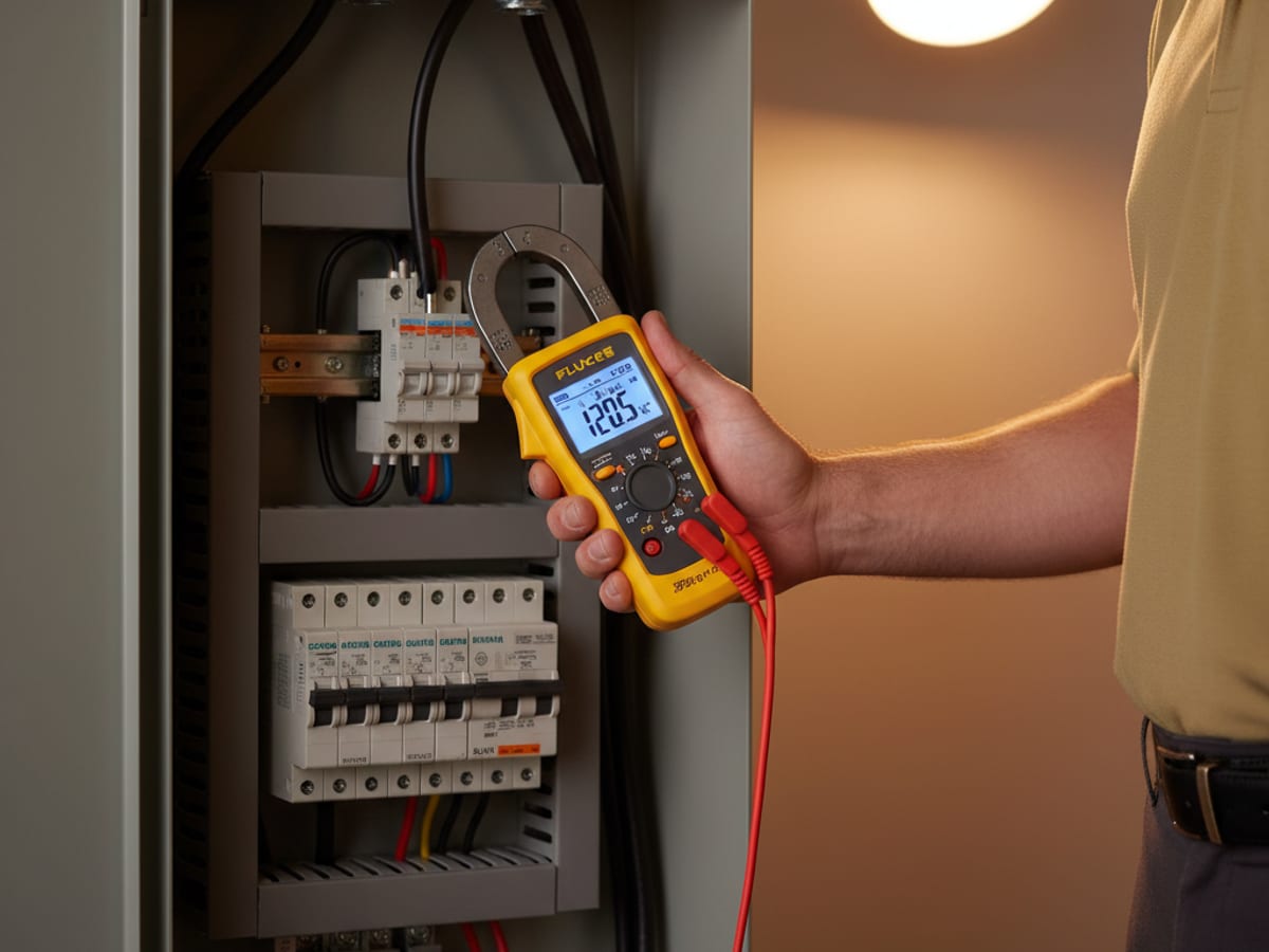 Electrician using a digital clamp meter to read the current draw on a single hot conductor inside an open electrical panel