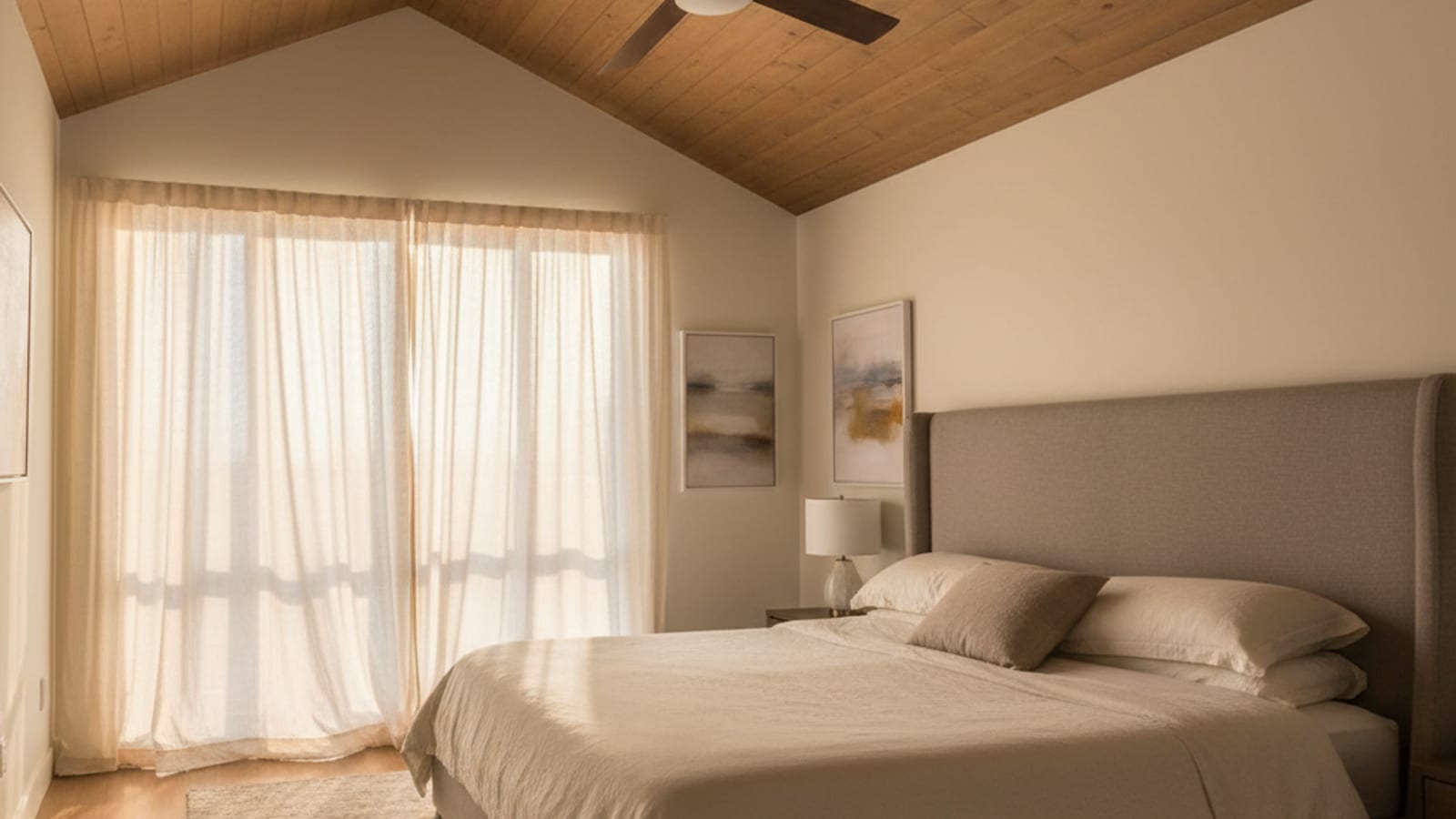 Modern five-blade ceiling fan installed in a vaulted ceiling above a San Diego bedroom with neutral linens and afternoon sunlight from a window