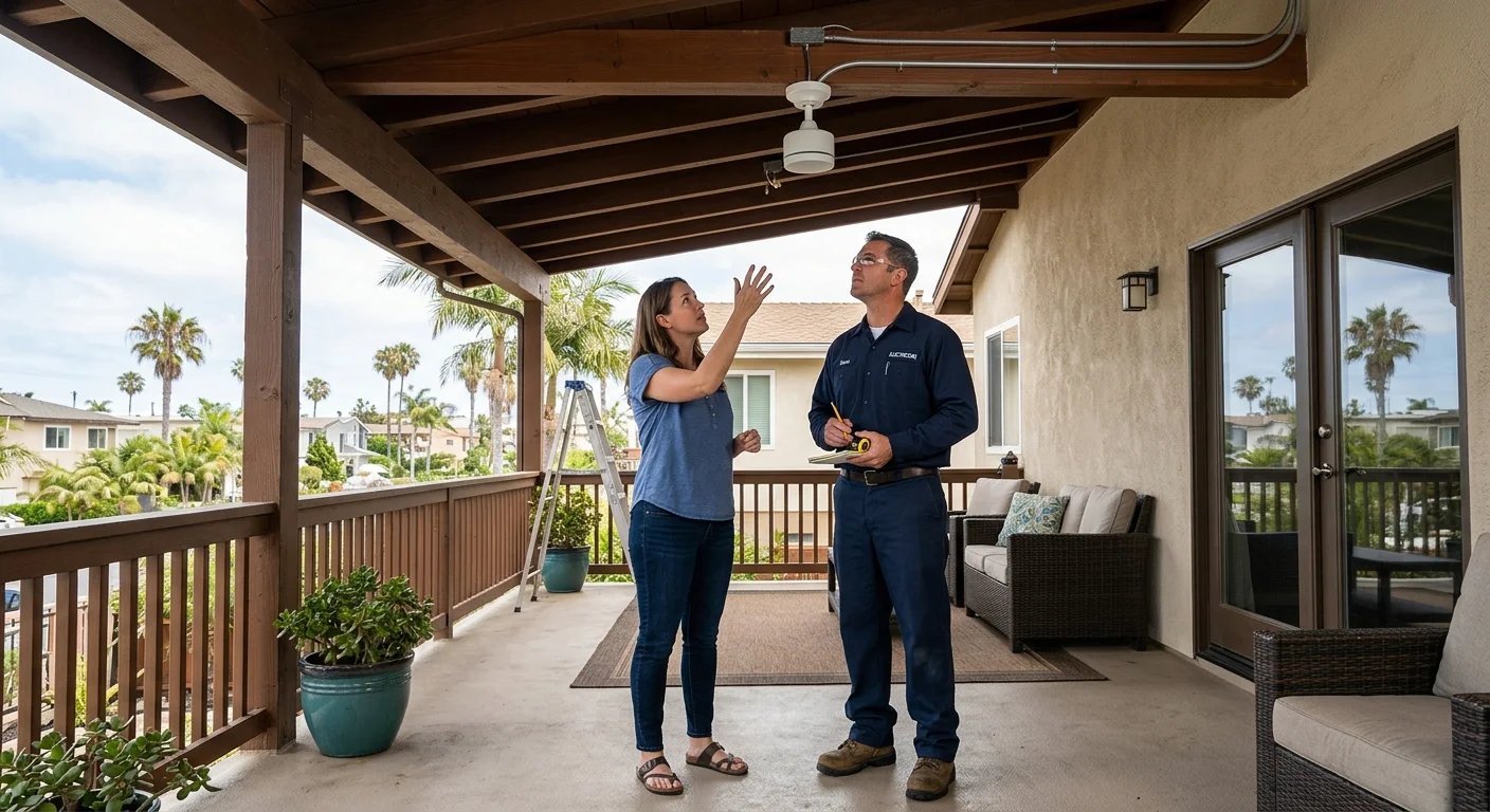 Homeowner and electrician reviewing a covered patio ceiling fan location