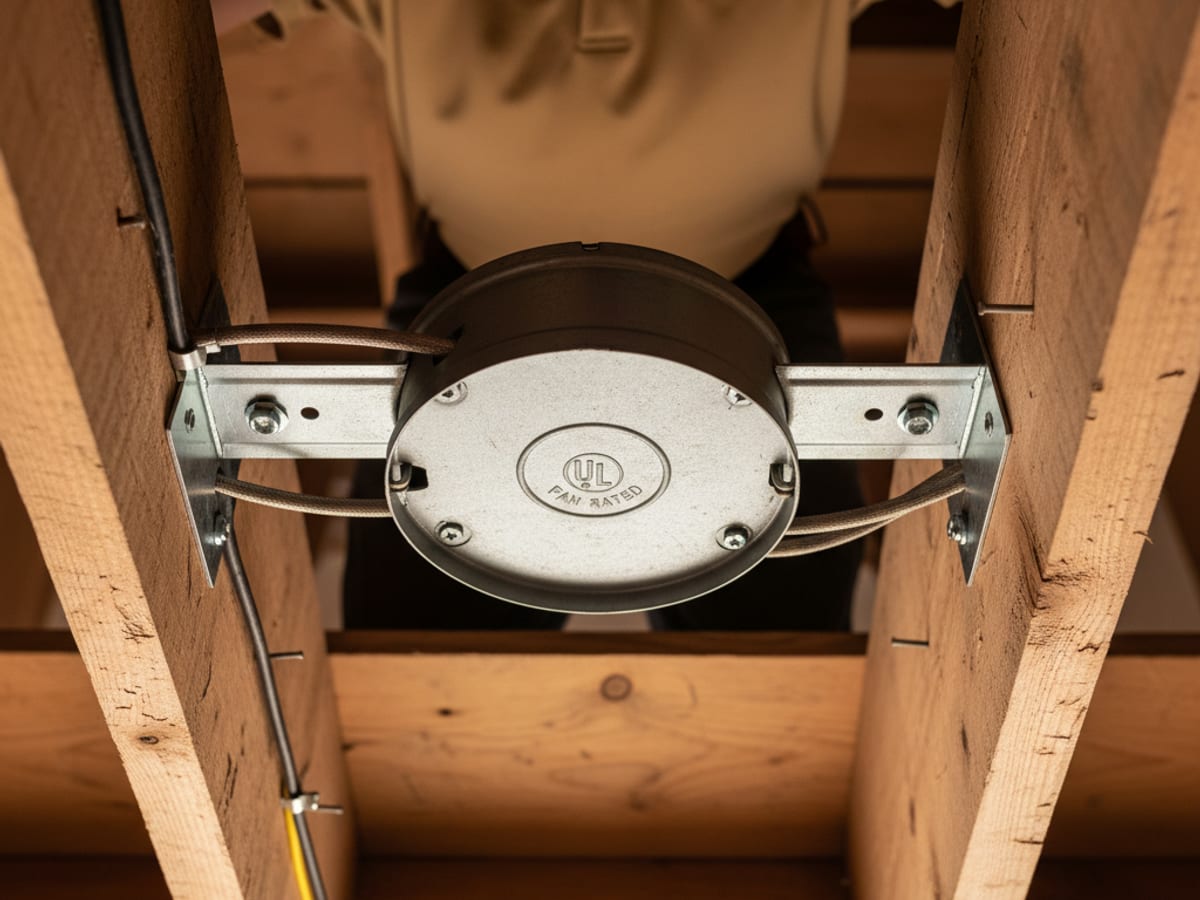 Close-up of a metal fan-rated electrical box mounted between two ceiling joists with the heavy-duty hanger bracket and stamped UL fan-rated label visible