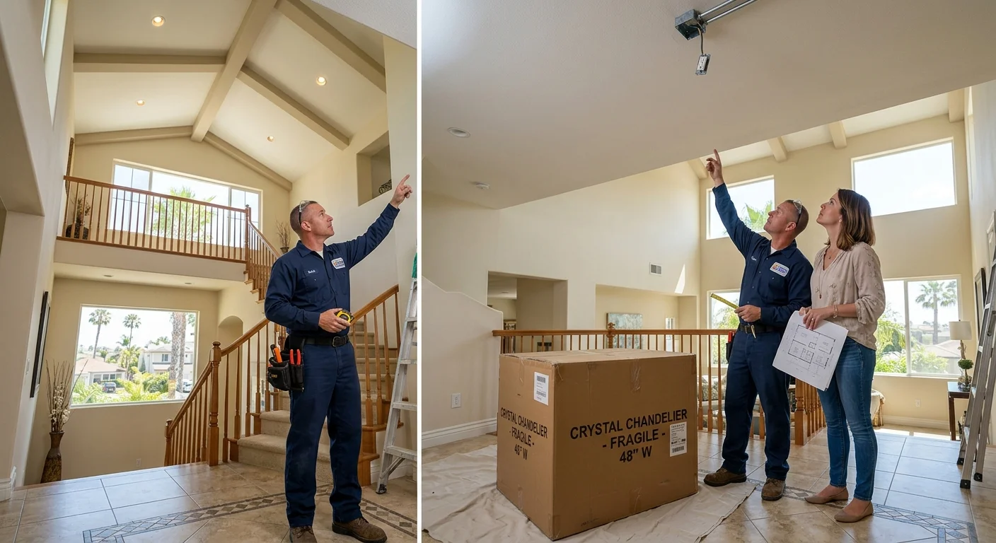 An electrician and homeowner reviewing a boxed chandelier beneath a high ceiling