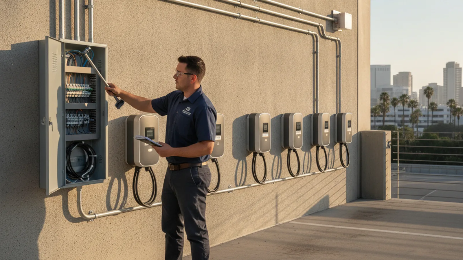 A licensed electrician and property manager reviewing an EV charging plan in a commercial parking area