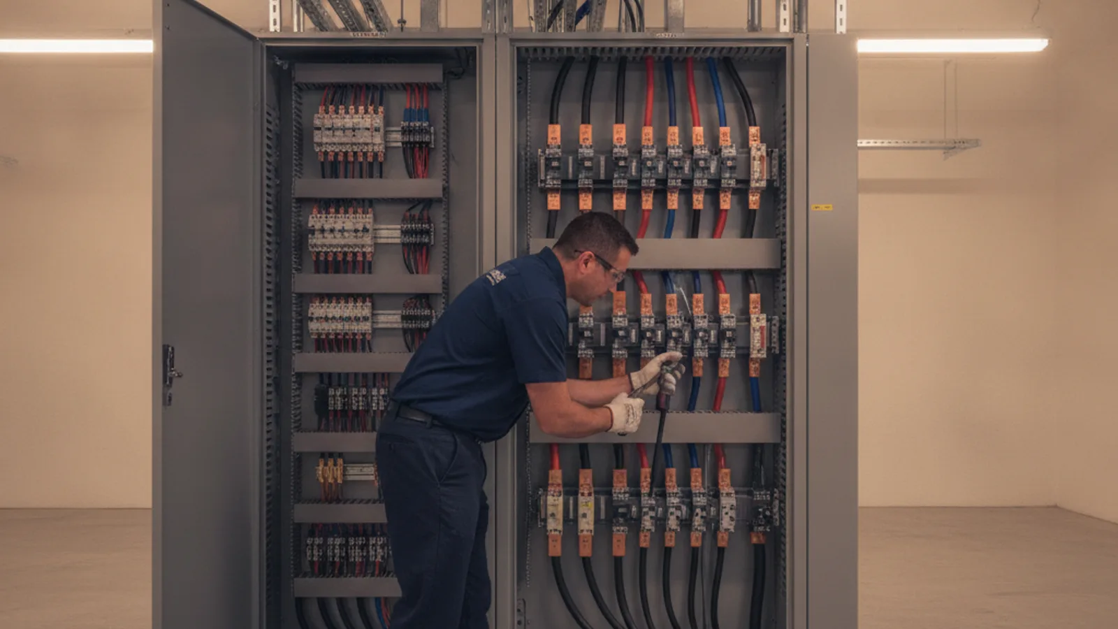 A licensed electrician and property manager reviewing a commercial electrical panel schedule in a mechanical room