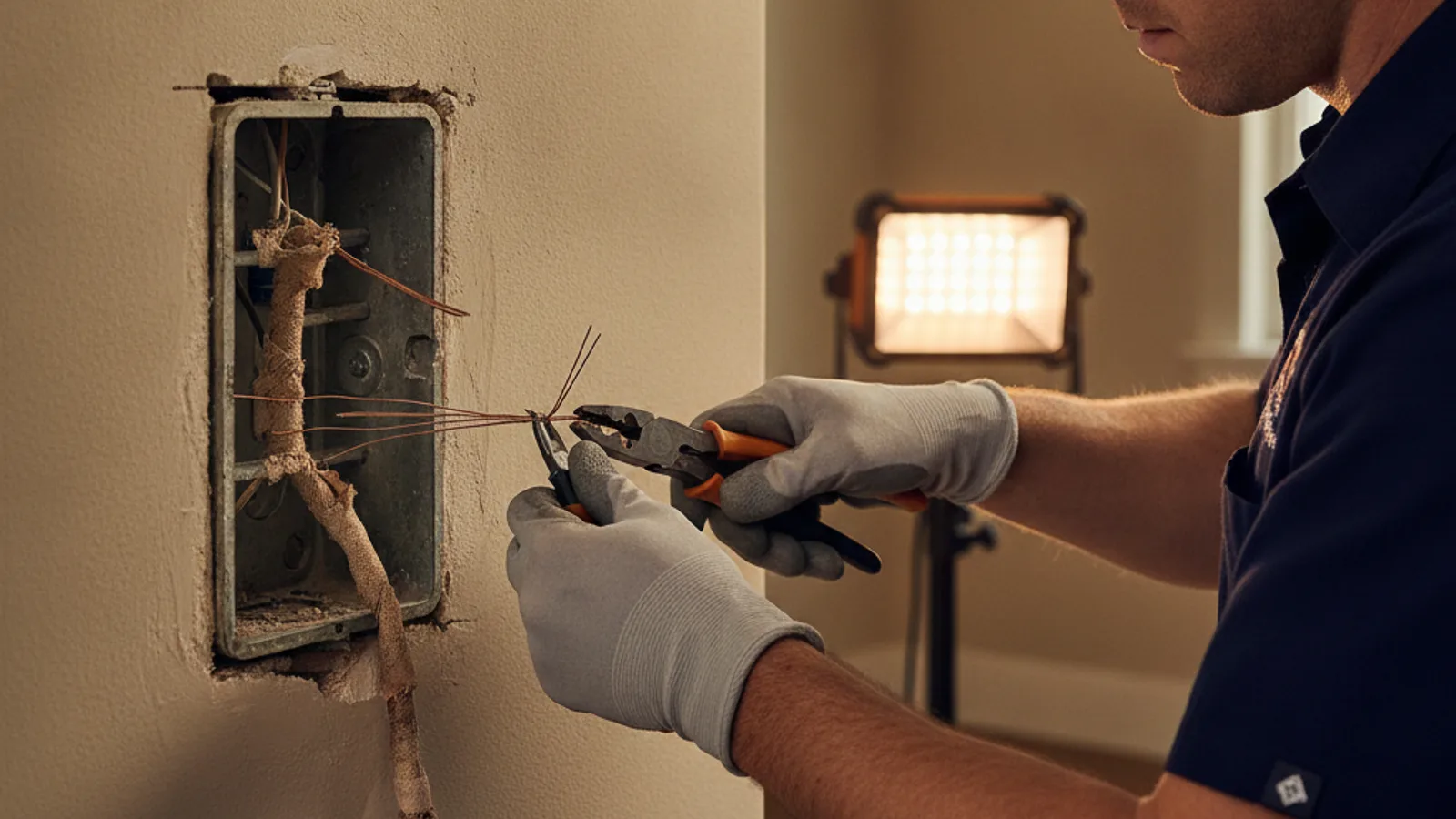 A licensed electrician reviewing labeled copper and aluminum wire samples with a homeowner at a kitchen table