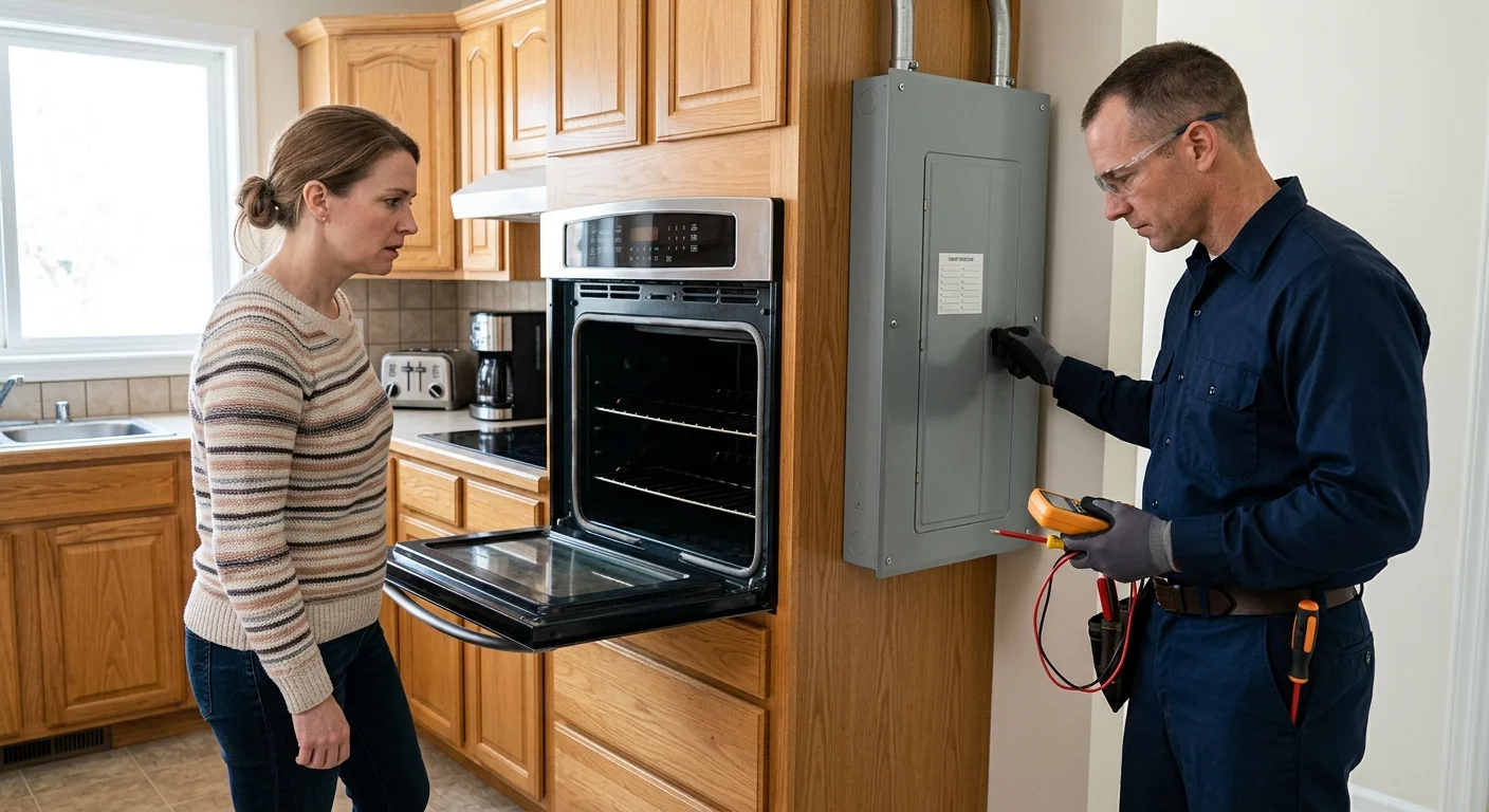 A homeowner and independent electrician checking a dead electric oven