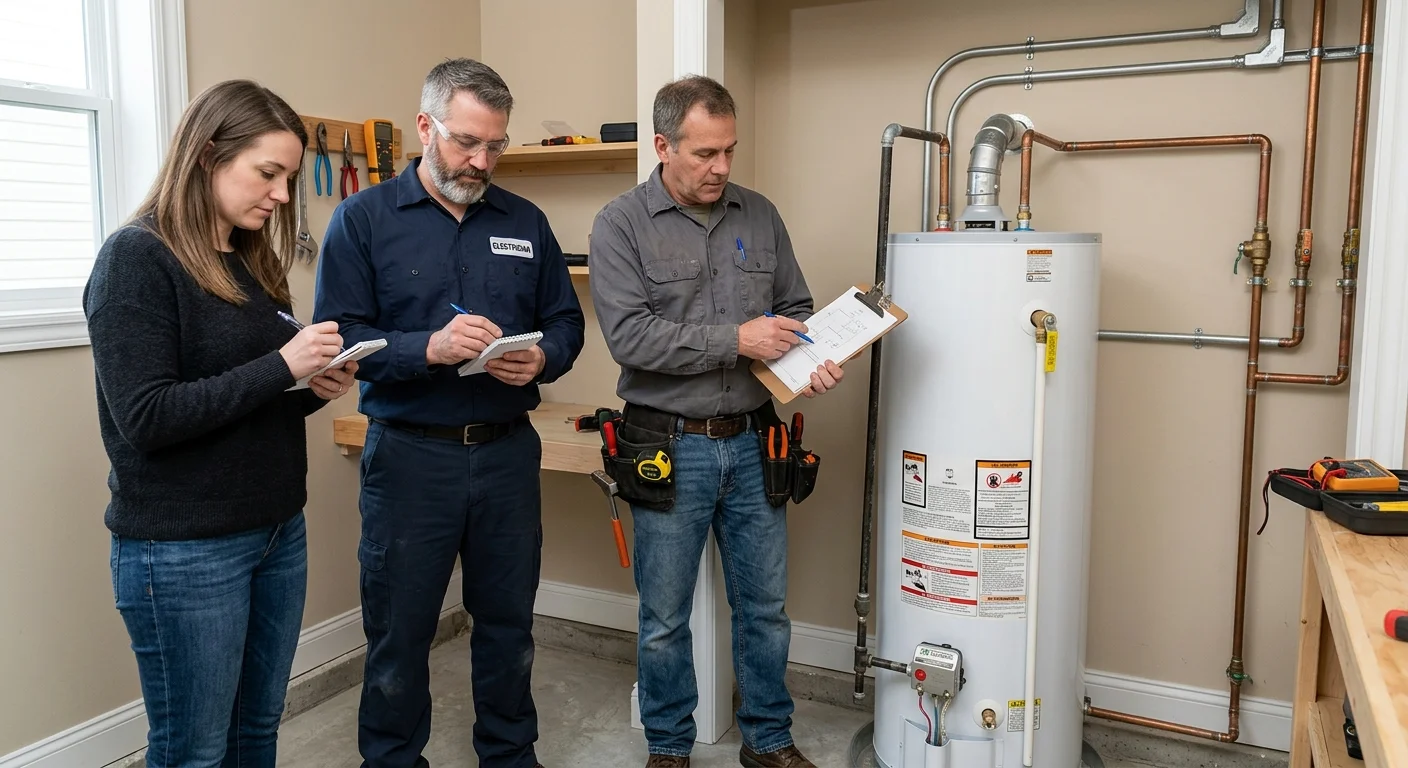 Homeowner, electrician, and plumber reviewing notes beside a closed electric water heater