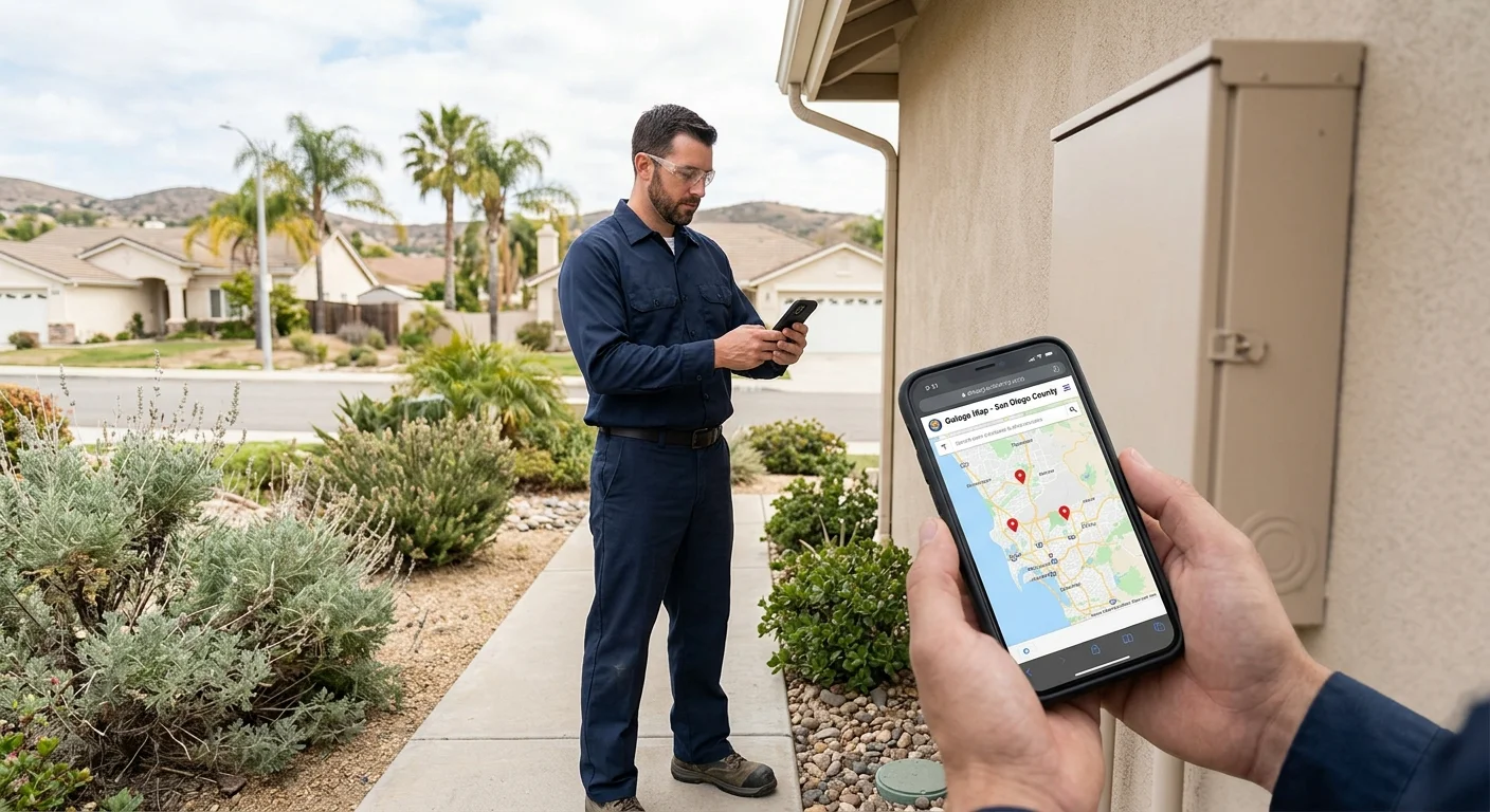 Poway homeowner checking an outage page beside a closed electrical panel