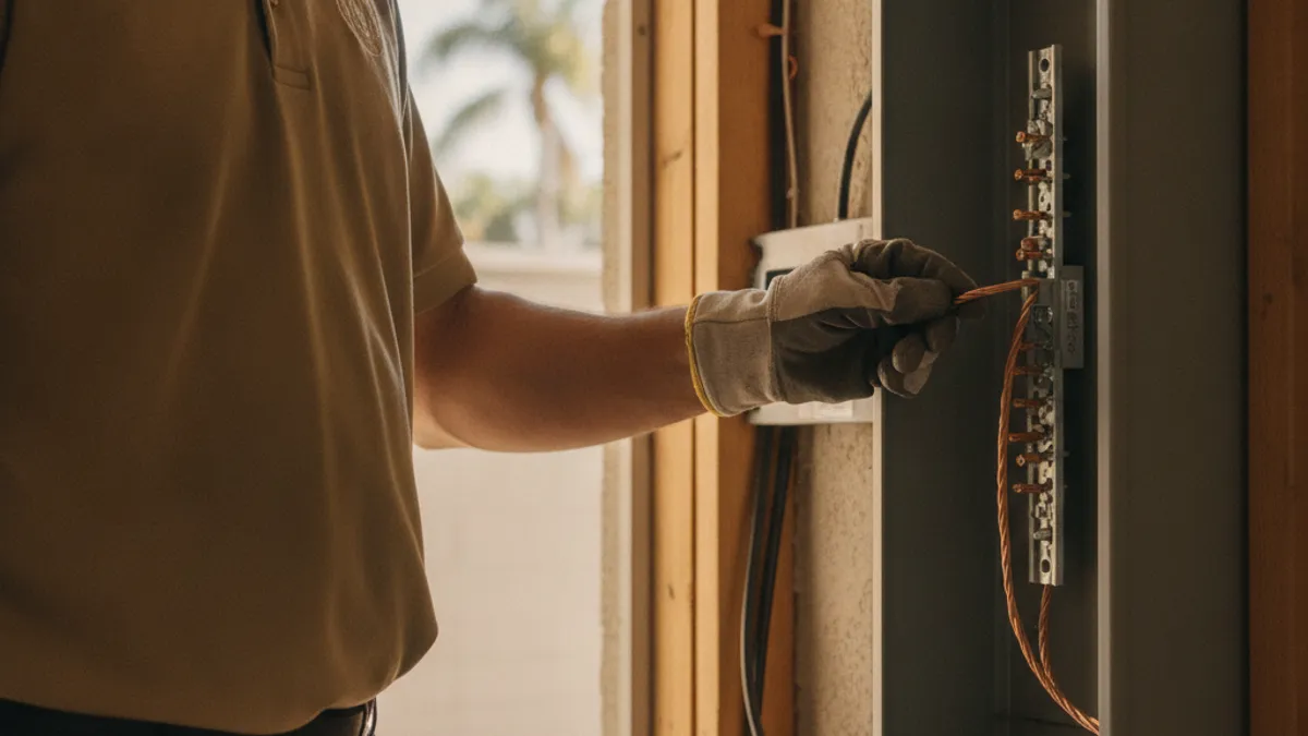 An electrician's gloved hand connecting a bare copper grounding wire to a ground bus bar inside an open residential electrical panel