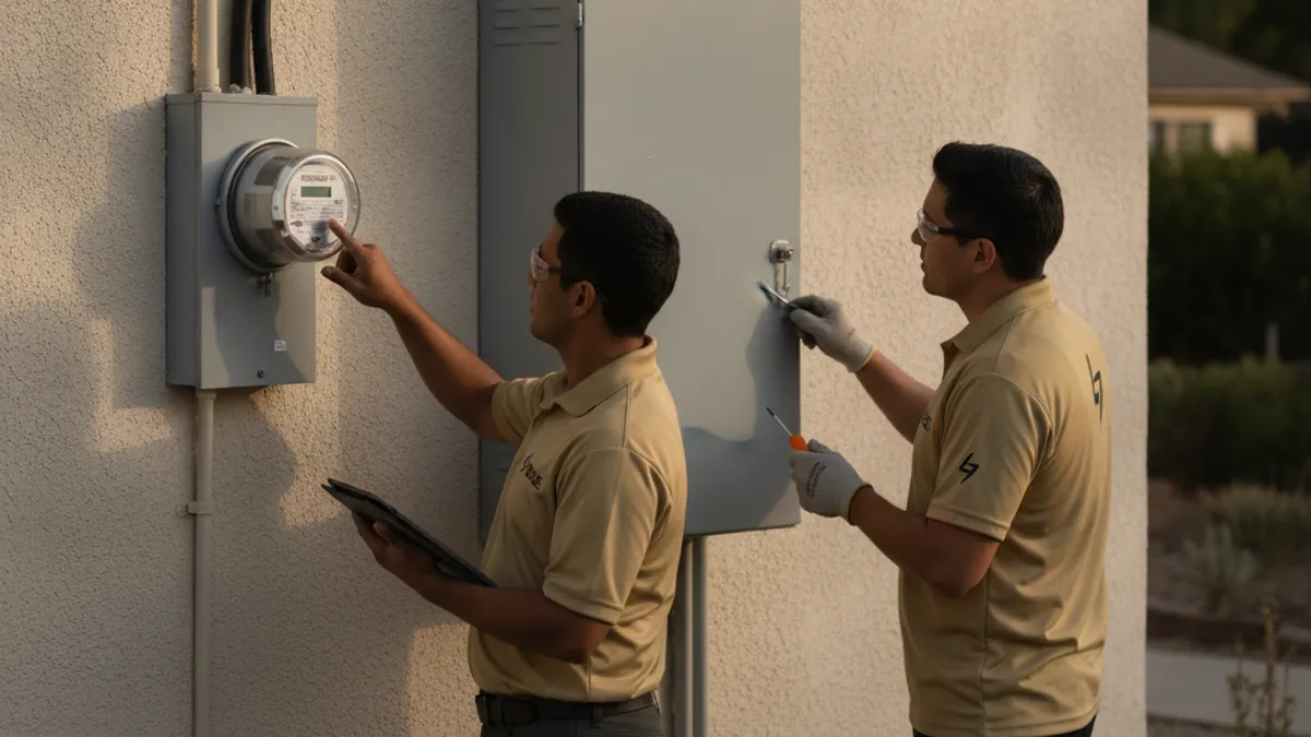 An electrical meter mounted on the exterior stucco wall of a San Diego home, next to the meter base socket and service panel