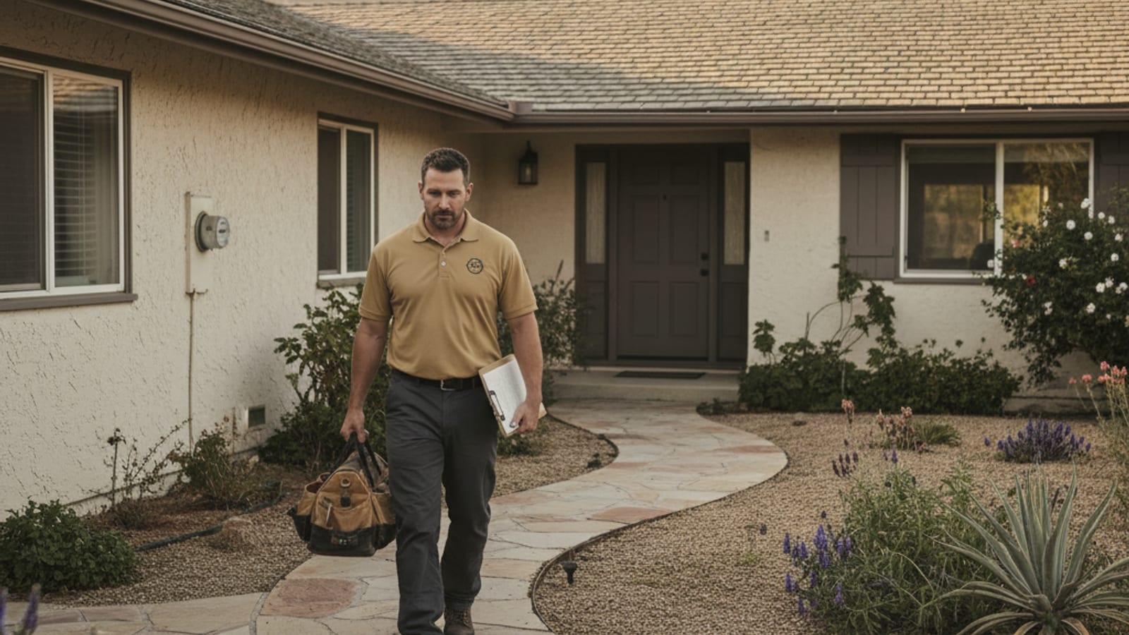 Licensed electrician walking up the front path of an older Escondido ranch-style home with a tool bag and clipboard in warm afternoon light