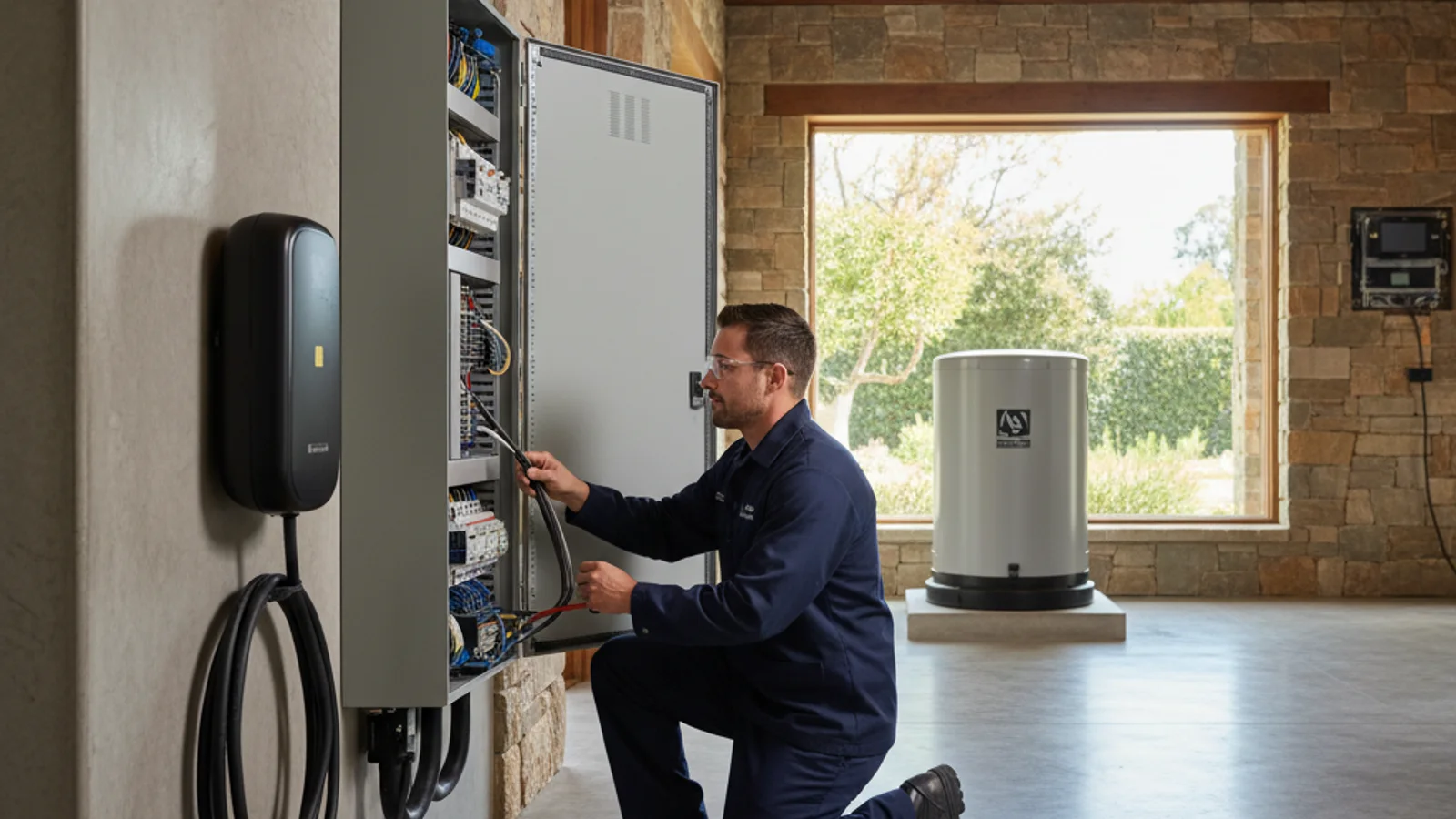 A Bright Pro Electric electrician reviewing service panel drawings outside a large estate property in Rancho Santa Fe, California, with mature eucalyptus trees in the background.