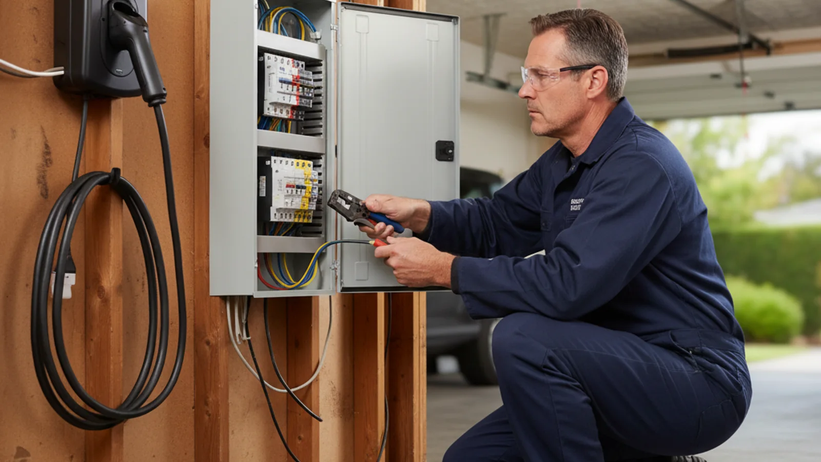 A Bright Pro Electric electrician working on an older electrical panel outside a 1960s hillside home in Spring Valley, California.