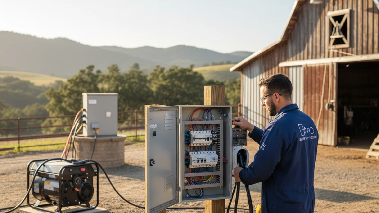 A Bright Pro Electric service van parked at a Valley Center ranch property, with a Generac standby generator and well-pump equipment visible in the background.