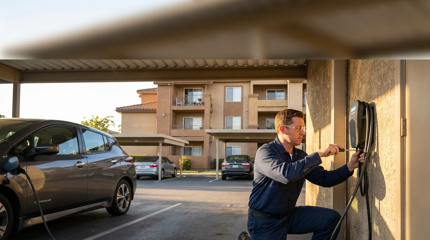 An electrician installing a Level 2 EV charger on the wall of an assigned carport parking space at a San Diego condominium complex, with the multi-unit building visible in the background