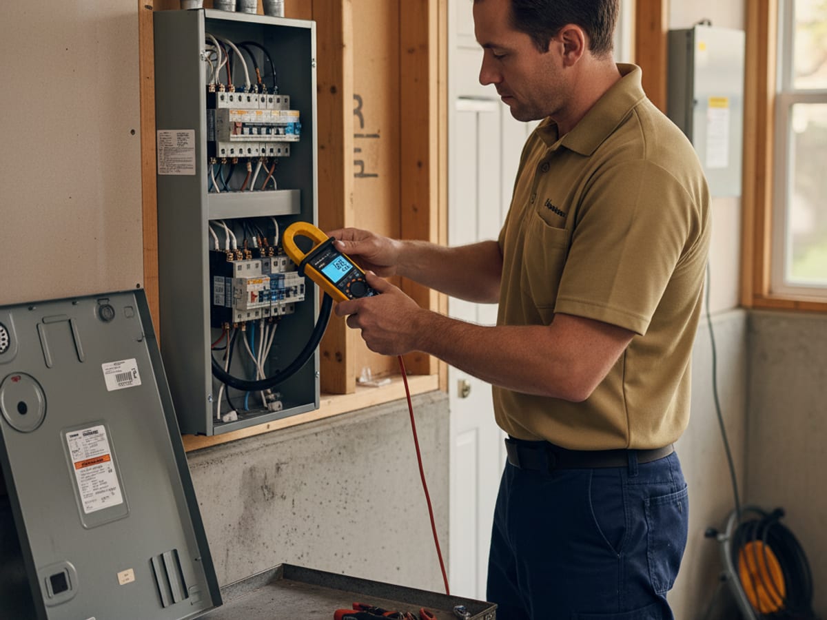 Electrician using a clamp meter on a residential electrical panel to confirm capacity for a new EV charger circuit