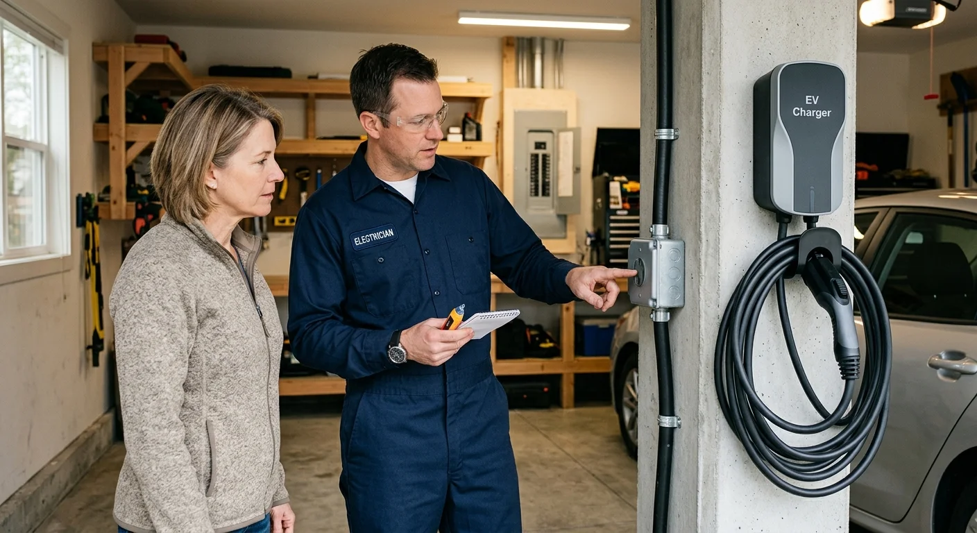 Homeowner and electrician reviewing a closed 240V garage outlet next to an unconnected home EV charger