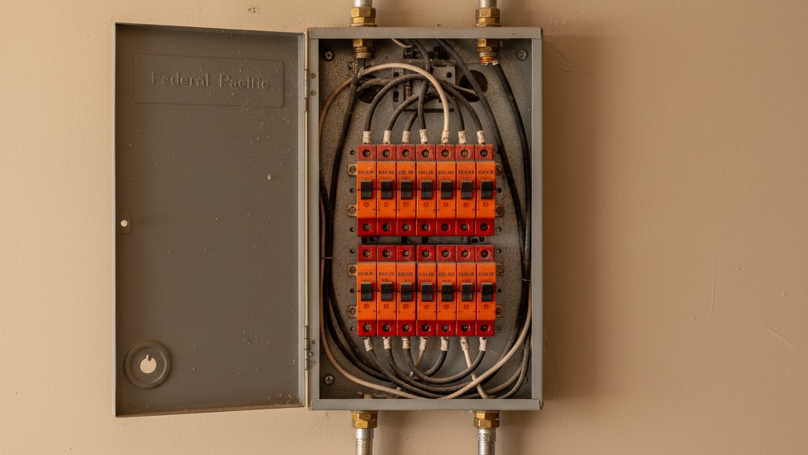 Close-up of a vintage Federal Pacific Stab-Lok electrical panel cover with the brand name visible above a row of orange and red double-pole breakers