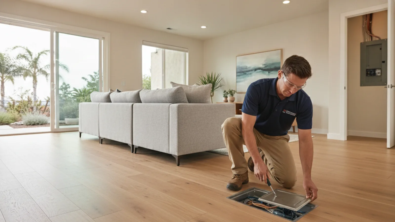 A discreet closed floor outlet beside a floating sofa in an open living room, with no loose cords crossing the walkway