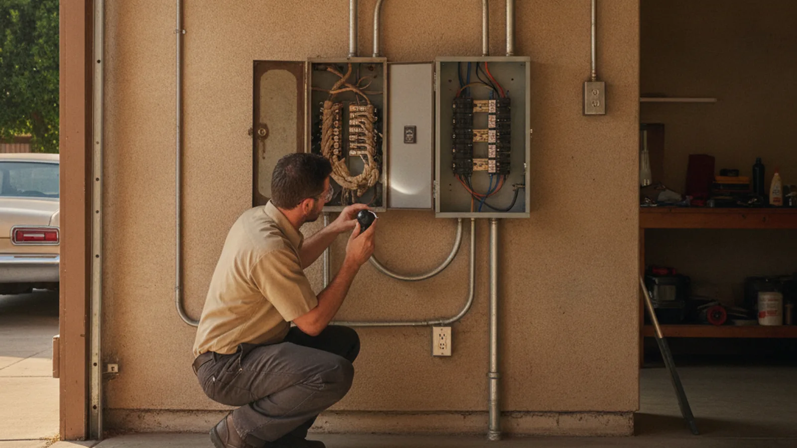 Old screw-in fuse panel next to an open breaker panel during a replacement in a San Diego garage