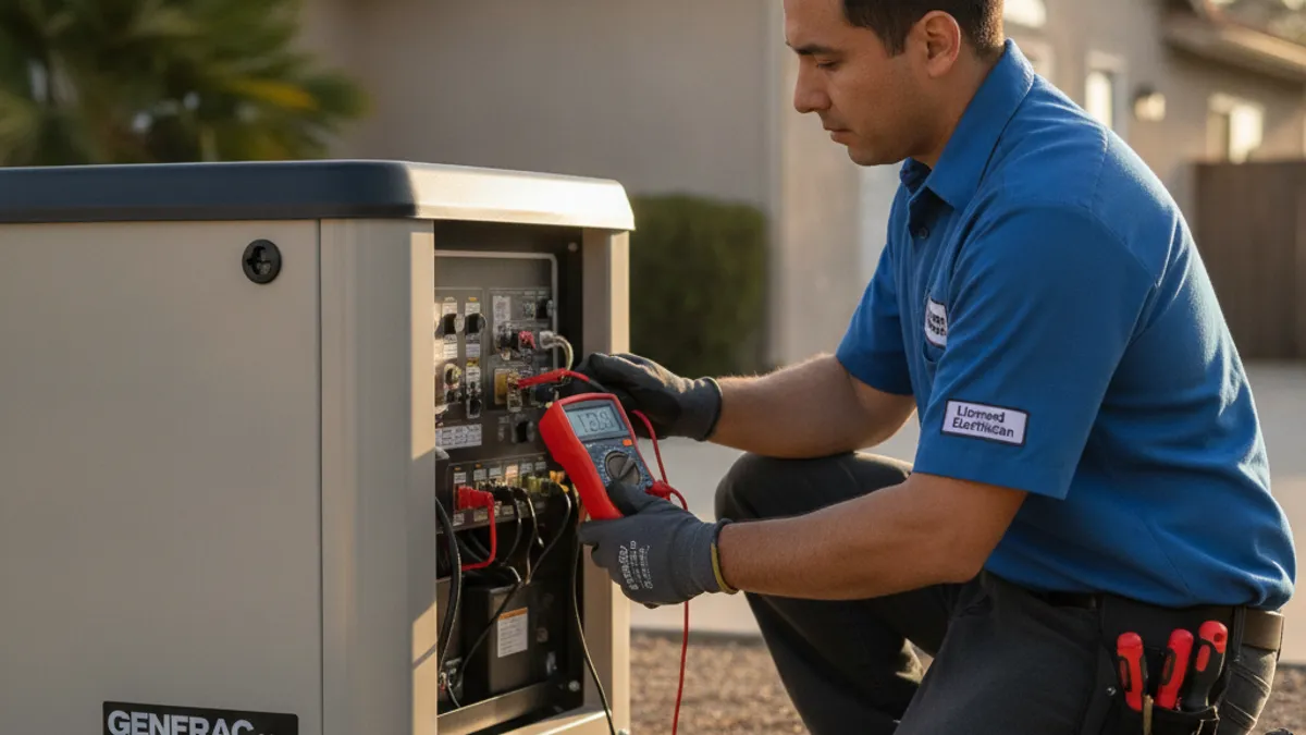 A licensed electrician diagnosing a Generac standby generator with a multimeter on the control panel, San Diego backyard on a concrete pad