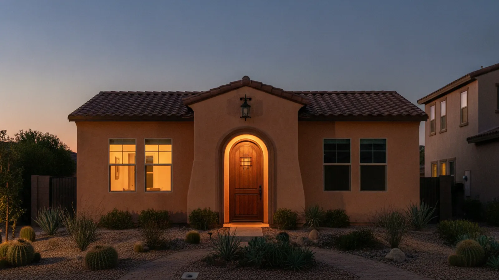 A San Diego stucco home at dusk with half its windows lit warmly and the other half dark