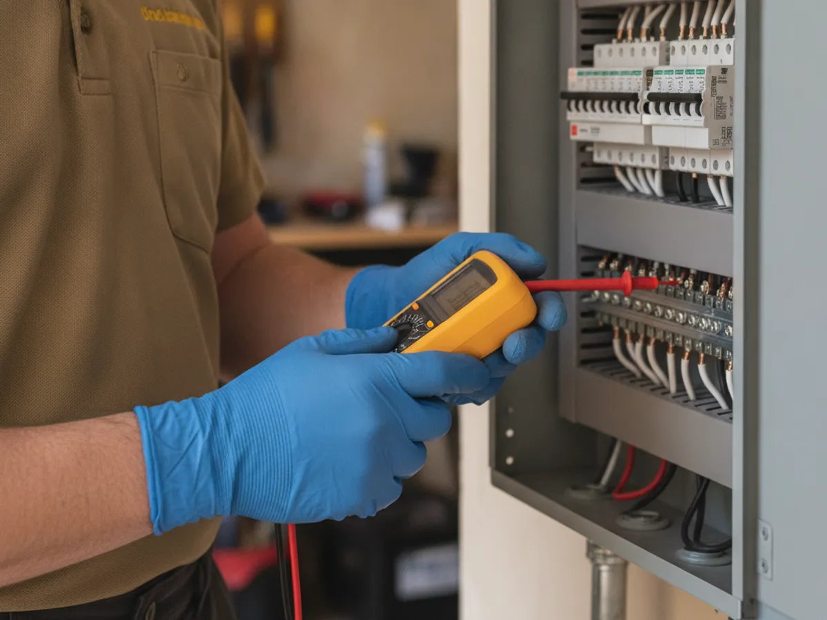 A gloved hand holding a multimeter with its probe testing the neutral bus bar inside an open home electrical panel