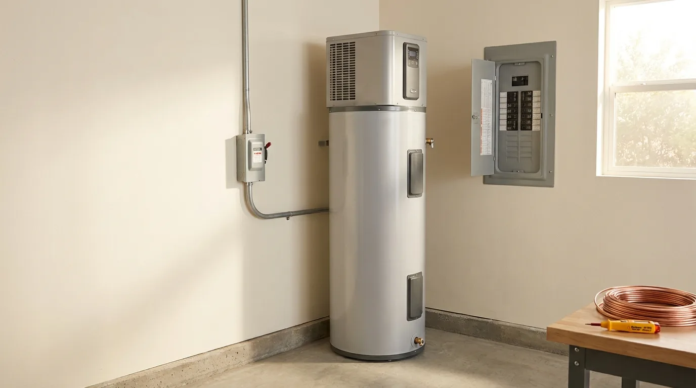A hybrid heat pump water heater standing in a San Diego home garage, with a conduit and a 240-volt disconnect box wired into the tank near an open electrical panel on the wall