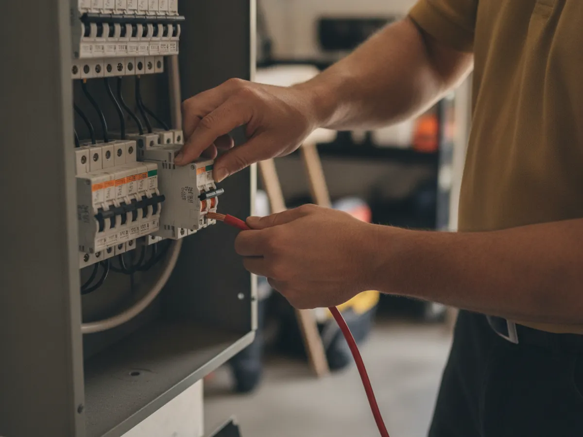 Close-up of a licensed electrician's hands wiring a double-pole 30-amp breaker with 10-gauge copper wire inside an open residential electrical panel