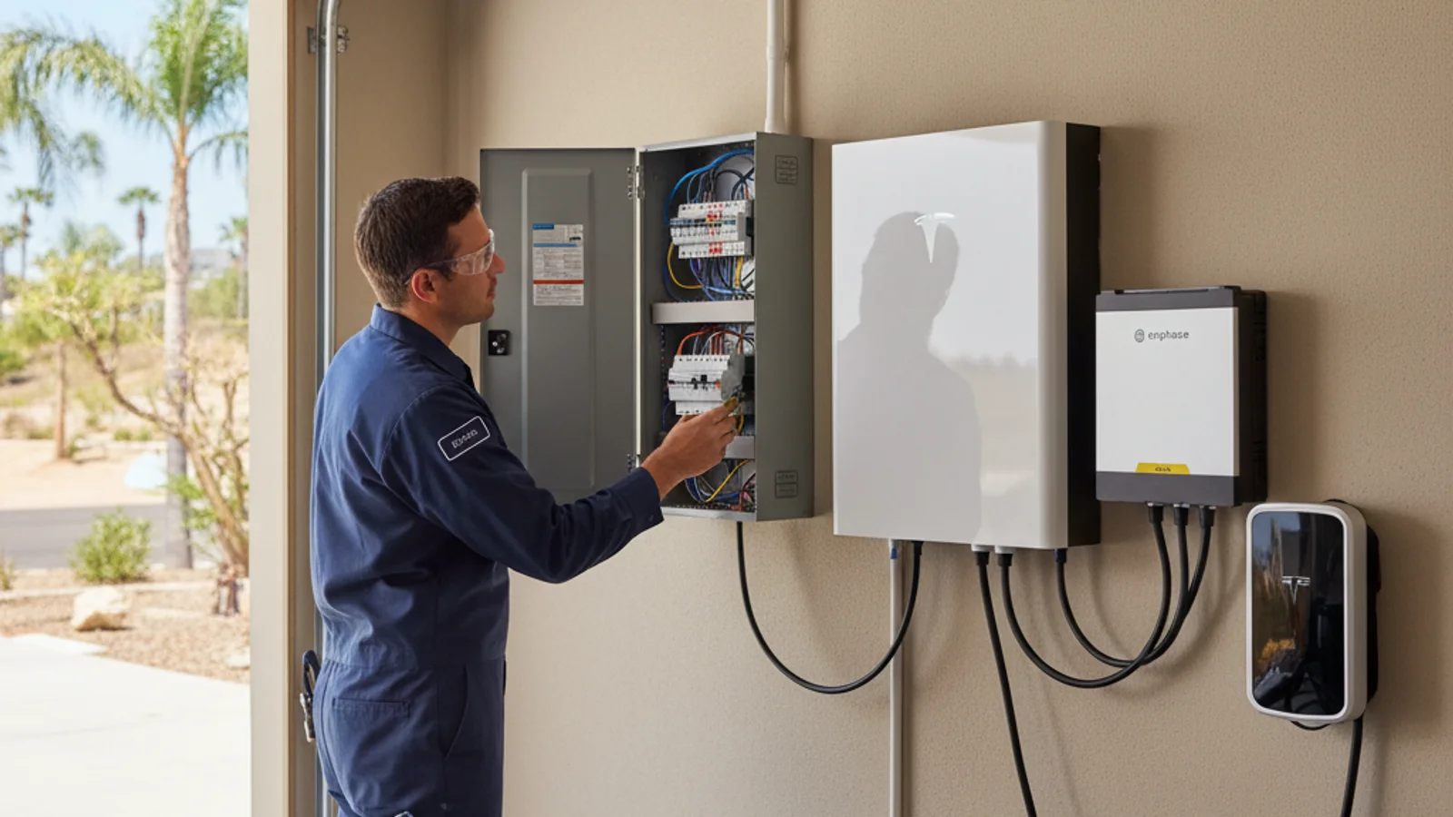 Tesla Powerwall 3 mounted on a stucco garage wall beside the main electrical panel in a San Diego home with a solar installation visible on the roof in the background