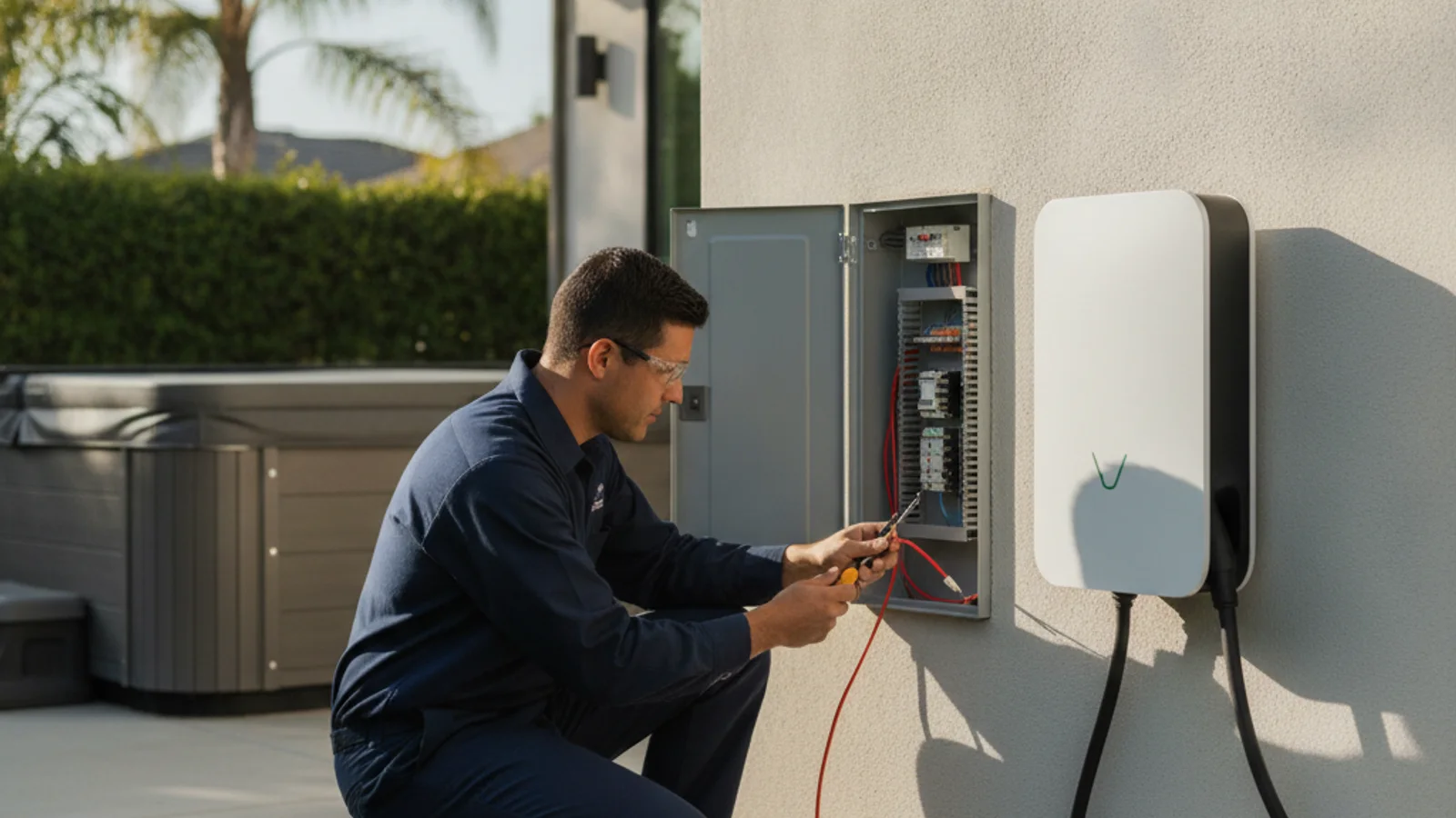 A GFCI spa disconnect box mounted on an exterior wall near a backyard hot tub