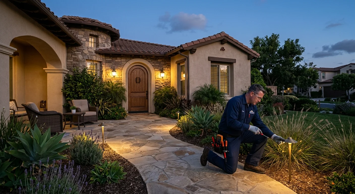 A 4S Ranch entry and patio with restrained landscape lighting at twilight