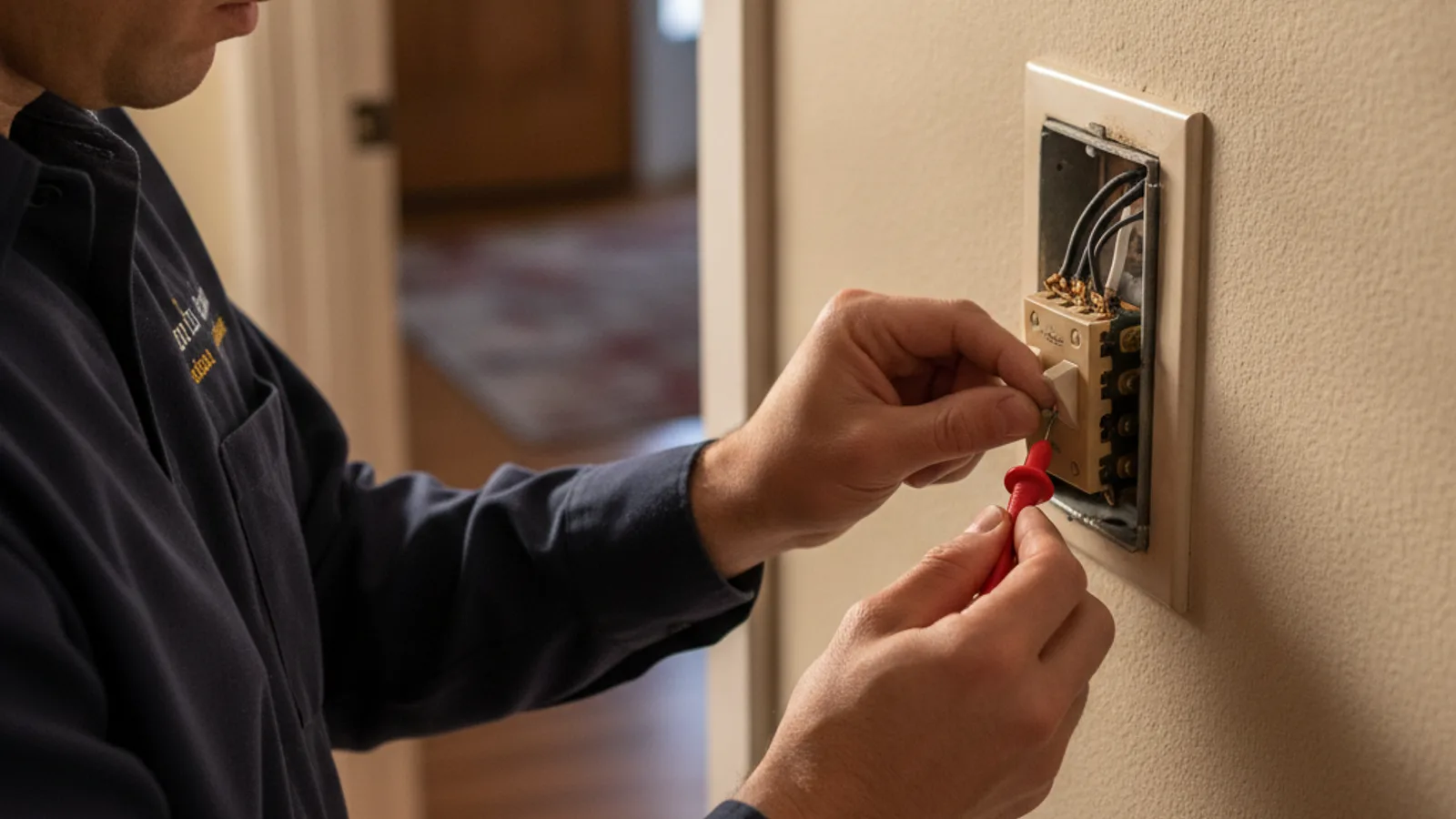 An electrician using a voltage tester at an open wall switch box in a San Diego home
