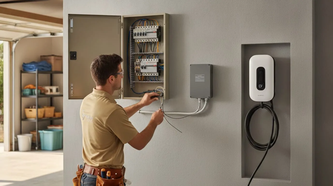 A small gray load management device mounted beside a beige main electrical panel in a San Diego garage with an EV charger on the wall