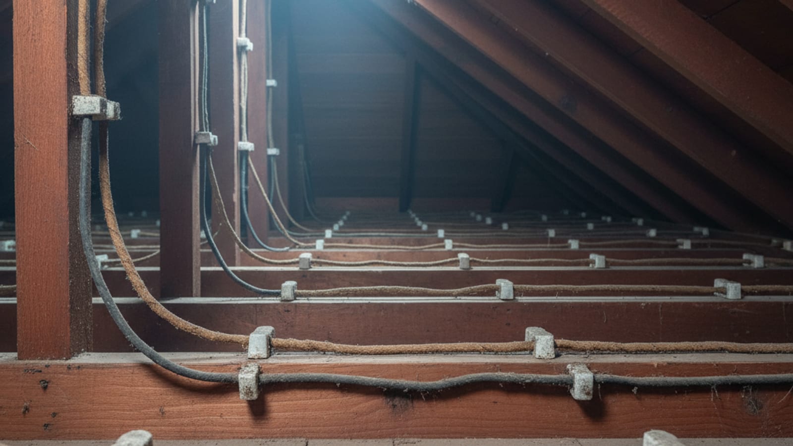 Cross-section view of original 1940s knob-and-tube wiring inside a San Diego home attic showing porcelain insulators ceramic tubes and cloth-covered conductors