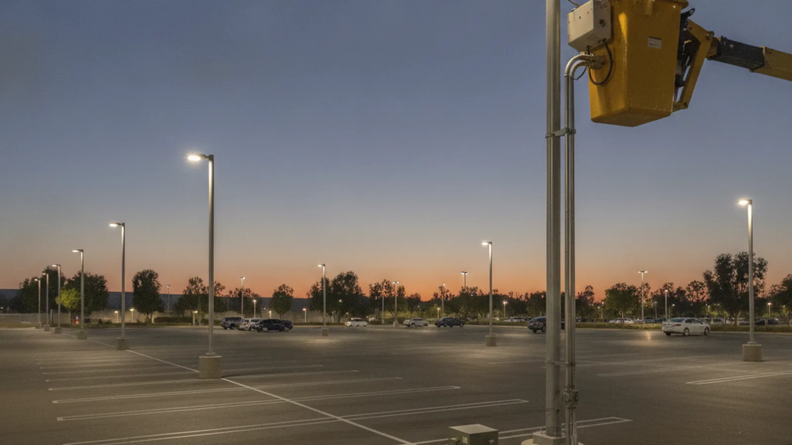 LED pole lights illuminating a commercial parking lot in San Diego at night