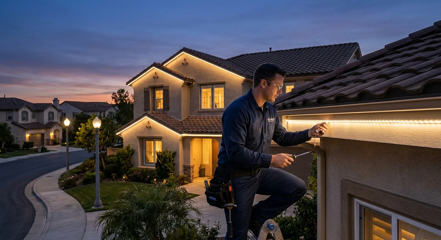 A 4S Ranch home with restrained permanent roofline lighting at dusk
