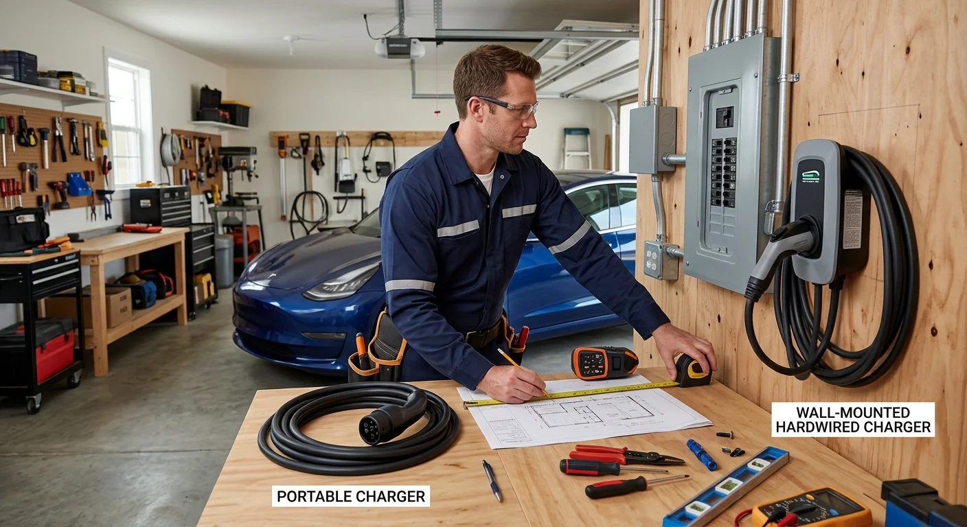 Portable cable beside a wall-mounted EV charger in a San Diego garage
