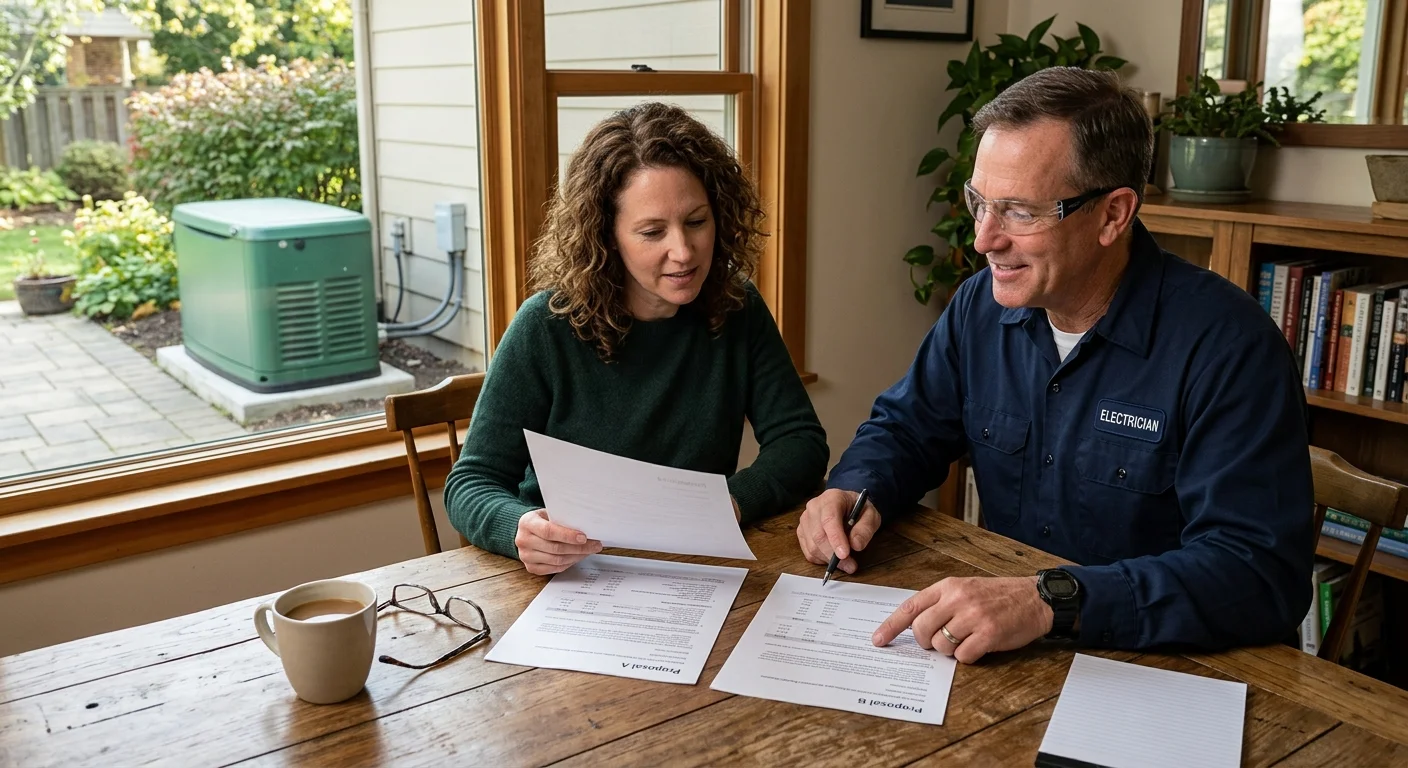 A homeowner and electrician comparing two home generator proposals