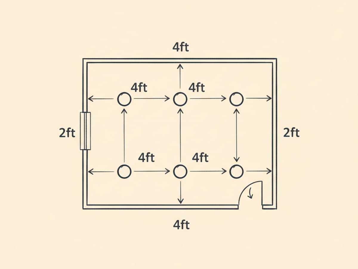 Top-down floor plan diagram of a 200 square foot living room showing six recessed lights spaced evenly in a 2x3 grid pattern with measurements and an arrow indicating the room entrance