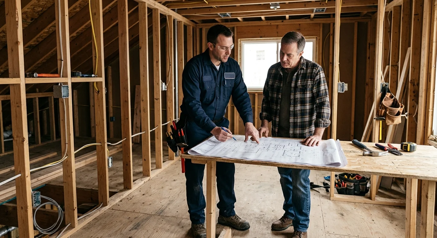 Homeowner and electrician reviewing plans beside open wall framing