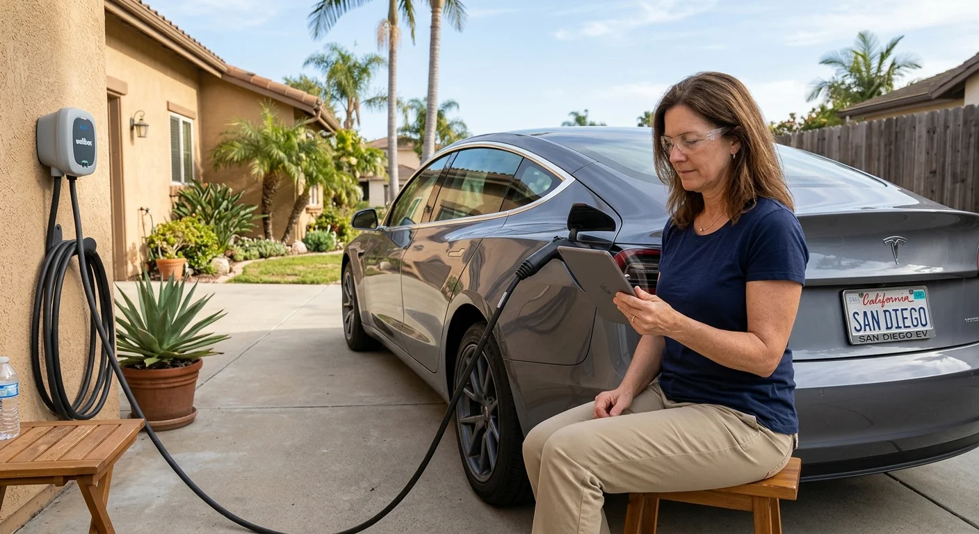 San Diego EV owner comparing electricity plans beside a charging car