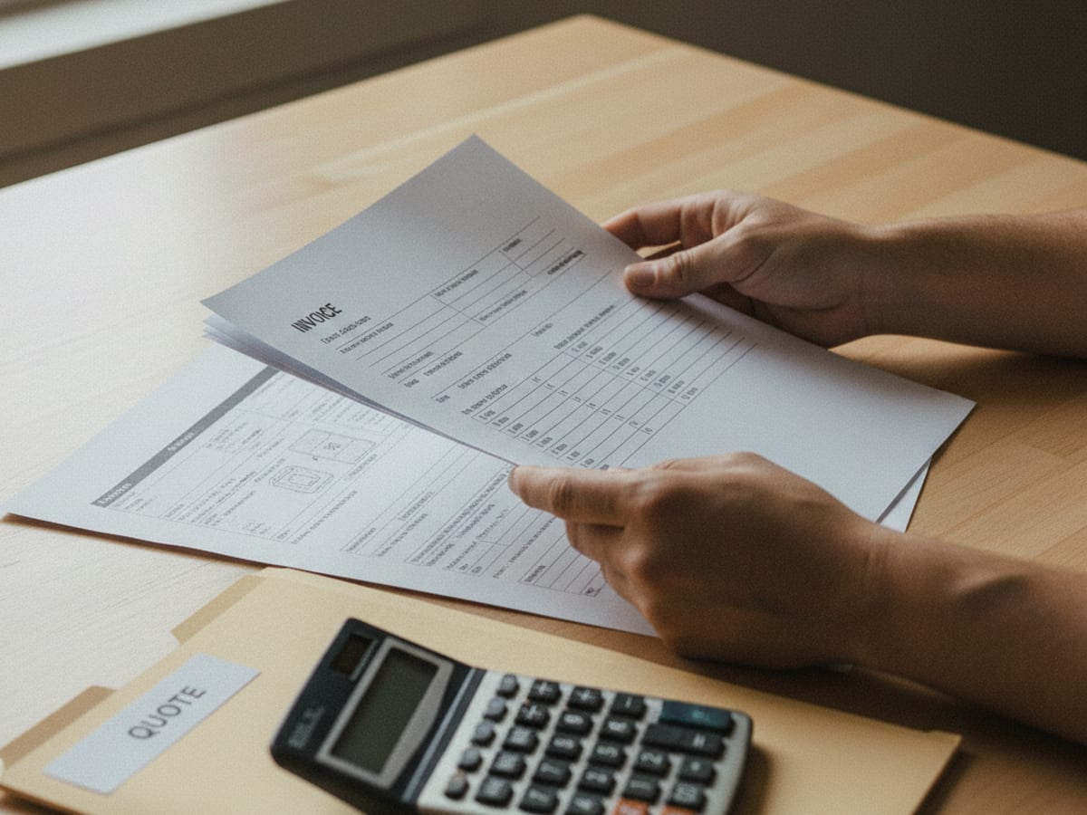 Hands holding a Level 2 EV charger installation invoice with line-item pricing visible and a manufacturer specification sheet for the charger