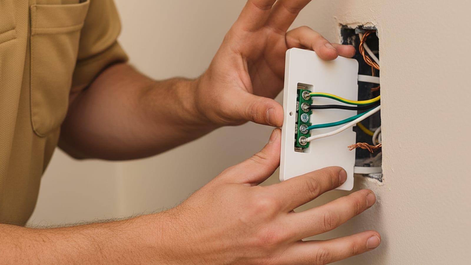 Electrician installing a Lutron Caseta smart switch into a wall box in a San Diego home with the existing wires visible behind the switch