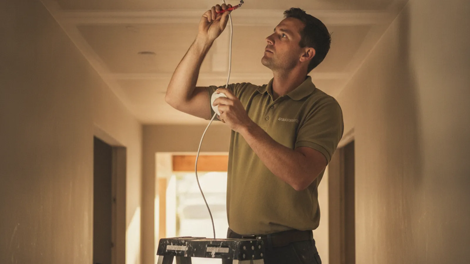 An electrician standing on a ladder installing a hardwired smoke detector into an open hallway ceiling during a San Diego home rewire