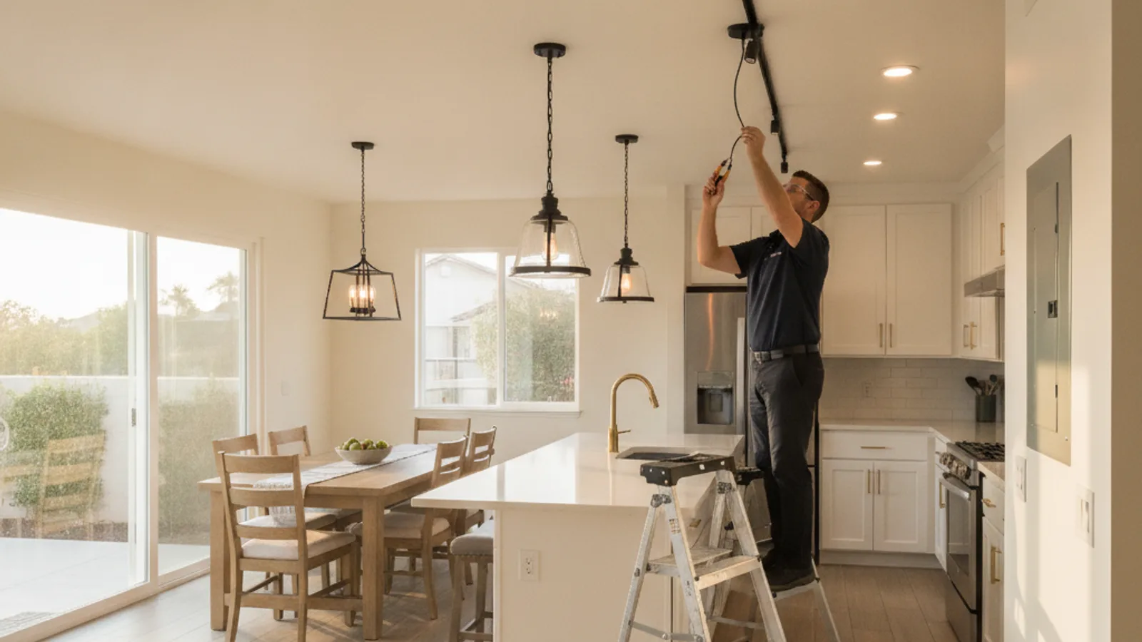 Electrician installing a multi-head track lighting fixture on a vaulted ceiling in a San Diego home