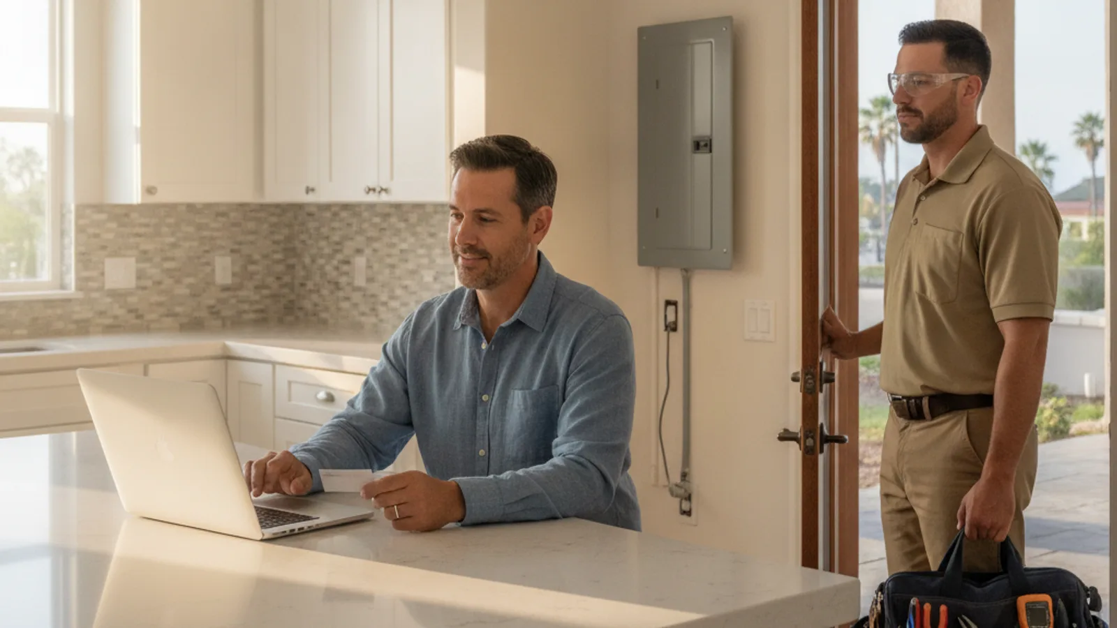 Illustration of a man at a kitchen counter with a laptop and card, a worker at the doorway with a tool bag, and a closed wall panel.