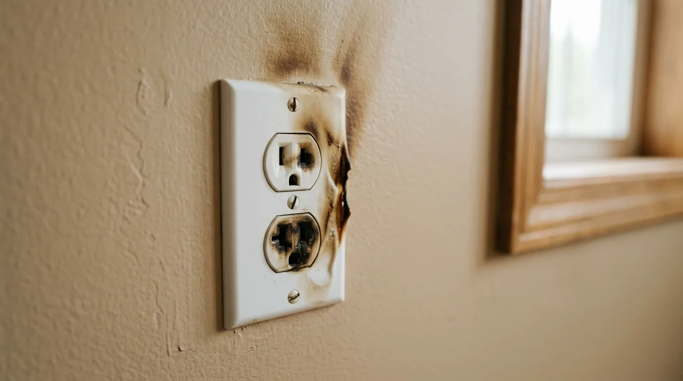 Close-up of a residential wall outlet with brown heat-scorching around a slightly melted white faceplate on a beige San Diego interior wall